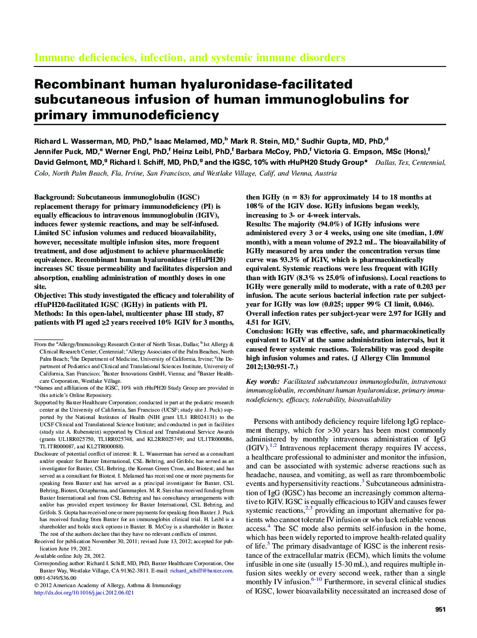 Recombinant human hyaluronidase-facilitated subcutaneous infusion of human immunoglobulins for primary immunodeficiency