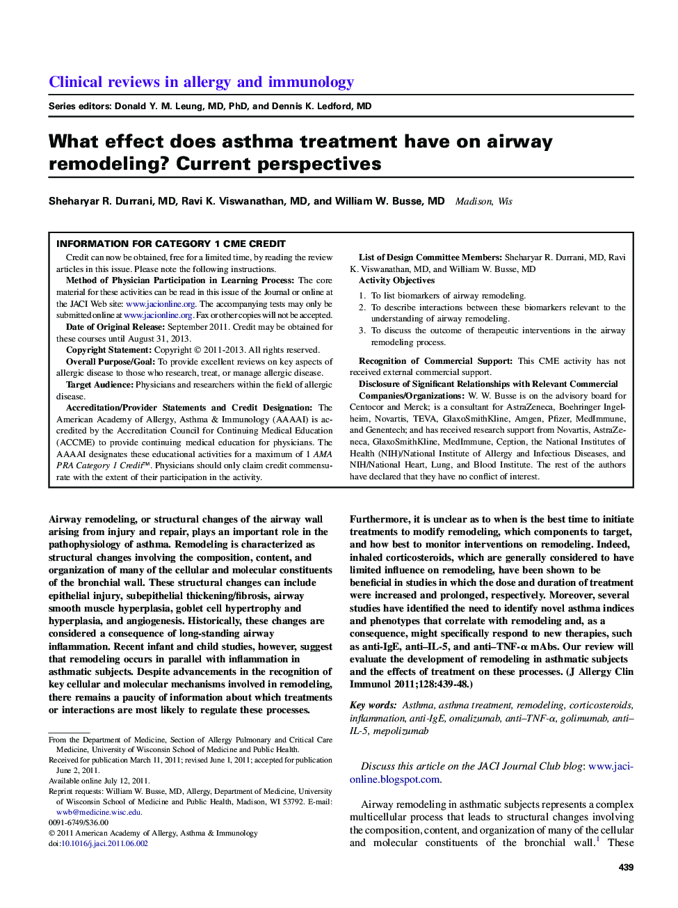 What effect does asthma treatment have on airway remodeling? Current perspectives 
