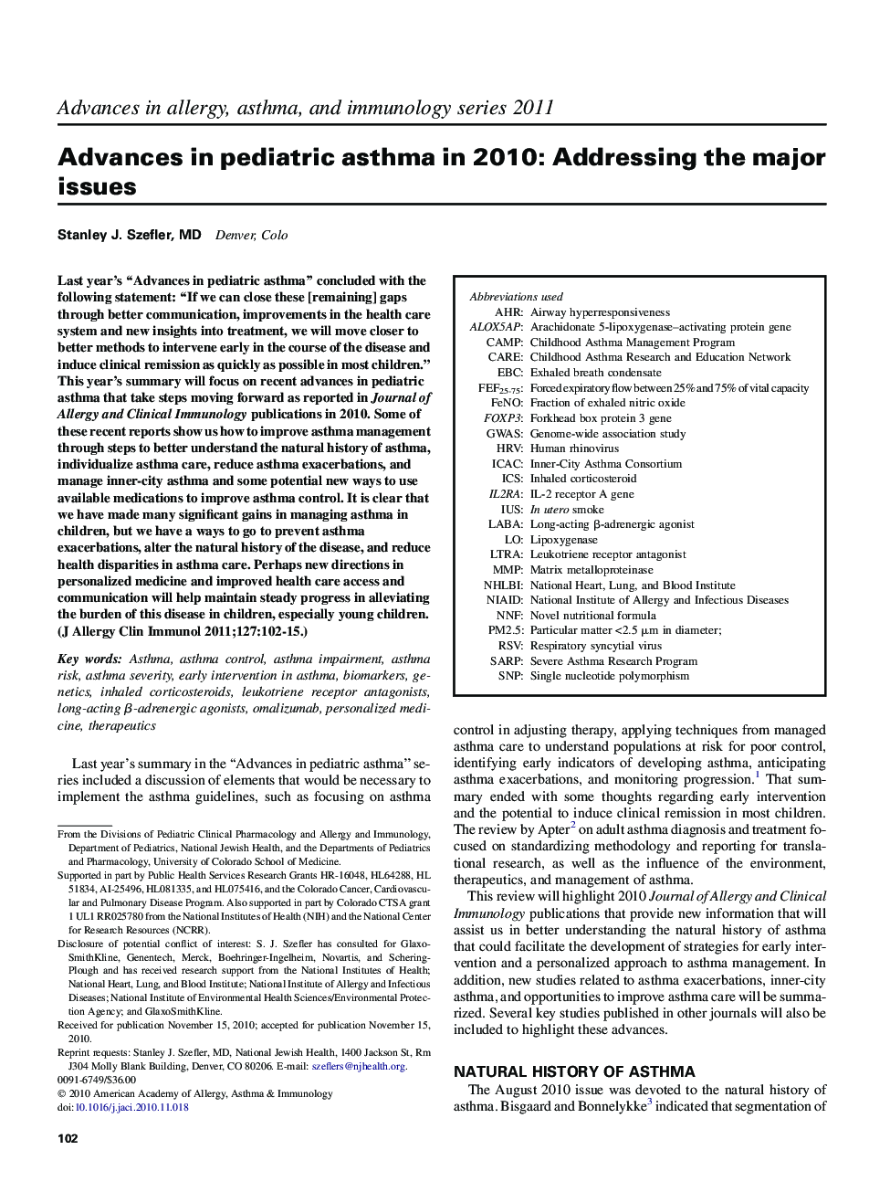 Advances in pediatric asthma in 2010: Addressing the major issues 