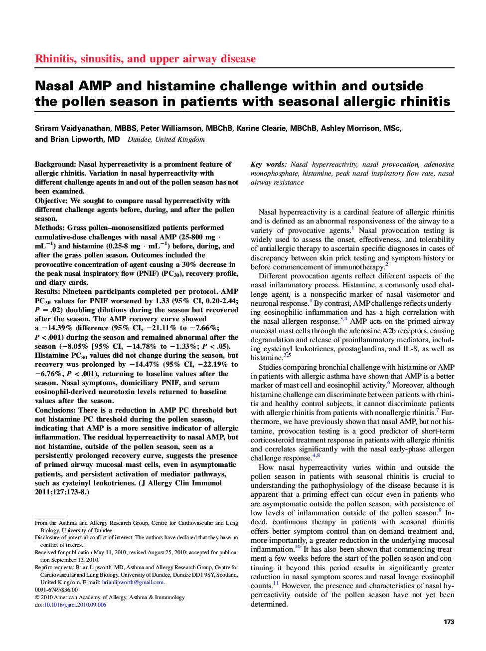 Nasal AMP and histamine challenge within and outside theÂ pollen season in patients with seasonal allergic rhinitis