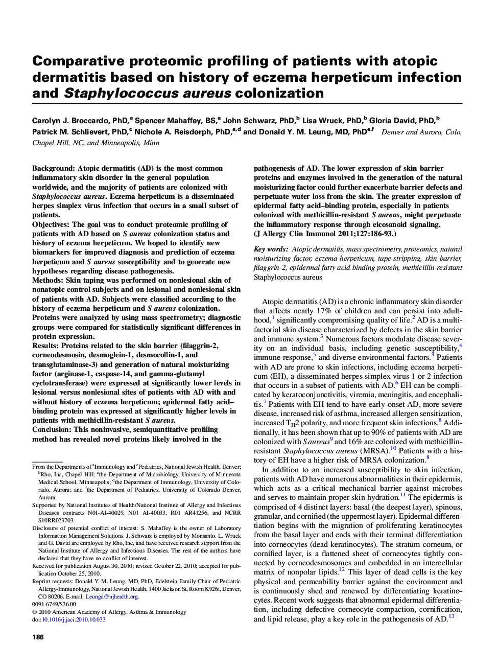 Comparative proteomic profiling of patients with atopic dermatitis based on history of eczema herpeticum infection and Staphylococcus aureus colonization