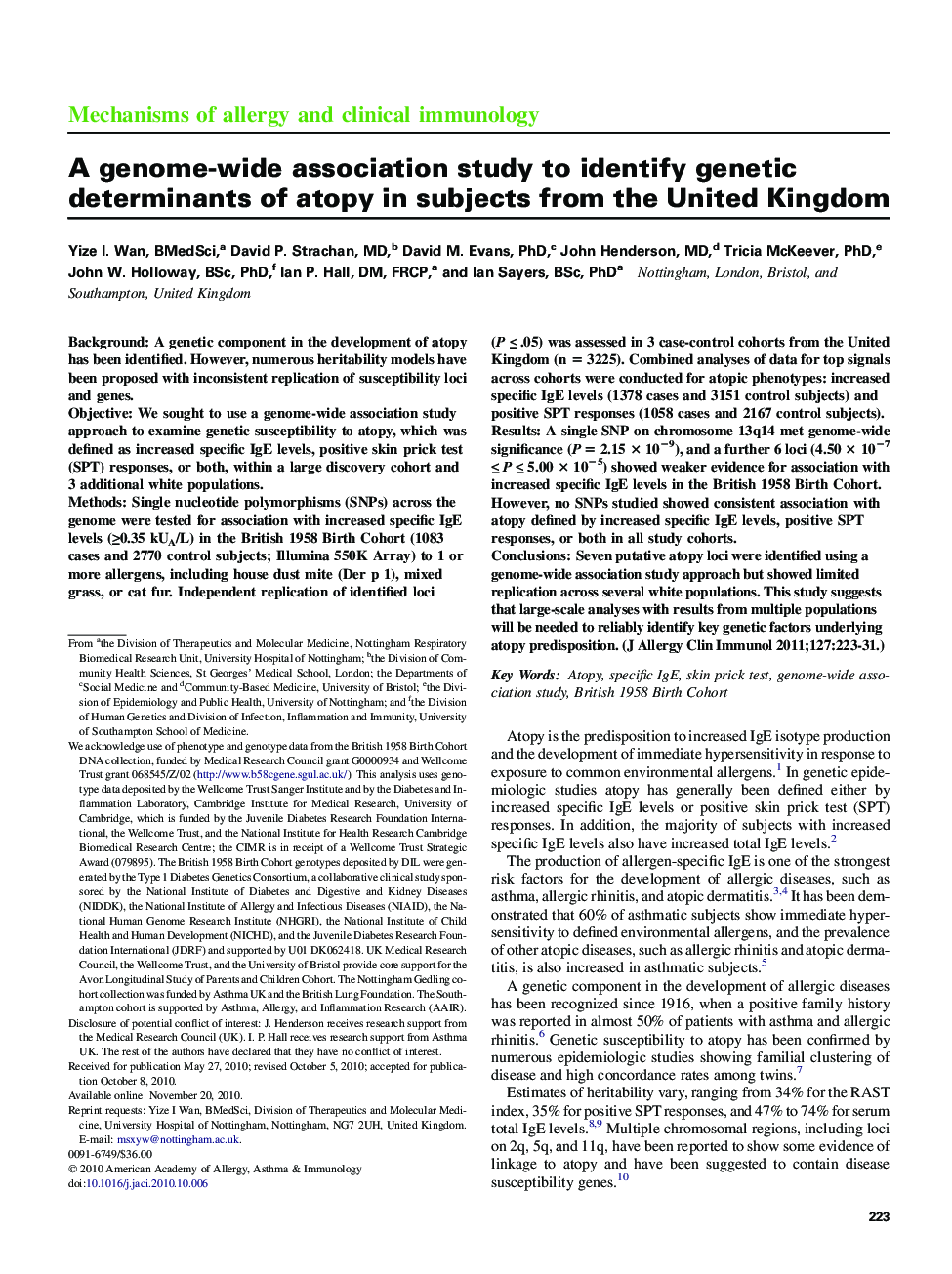 A genome-wide association study to identify genetic determinants of atopy in subjects from the United Kingdom