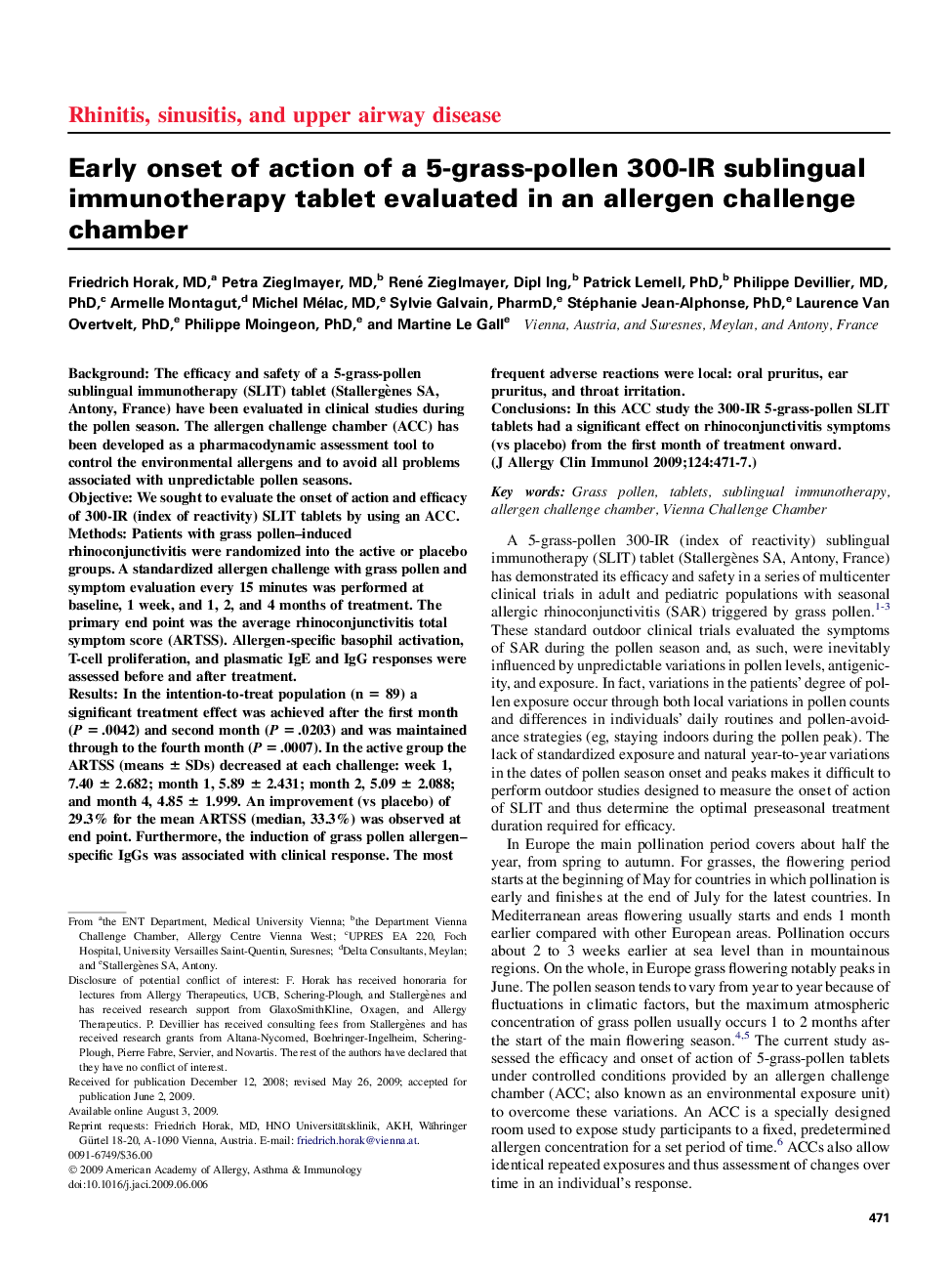 Early onset of action of a 5-grass-pollen 300-IR sublingual immunotherapy tablet evaluated in an allergen challenge chamber