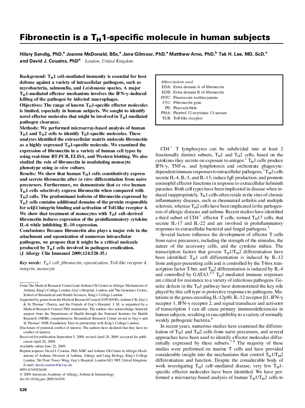 Fibronectin is a TH1-specific molecule in human subjects