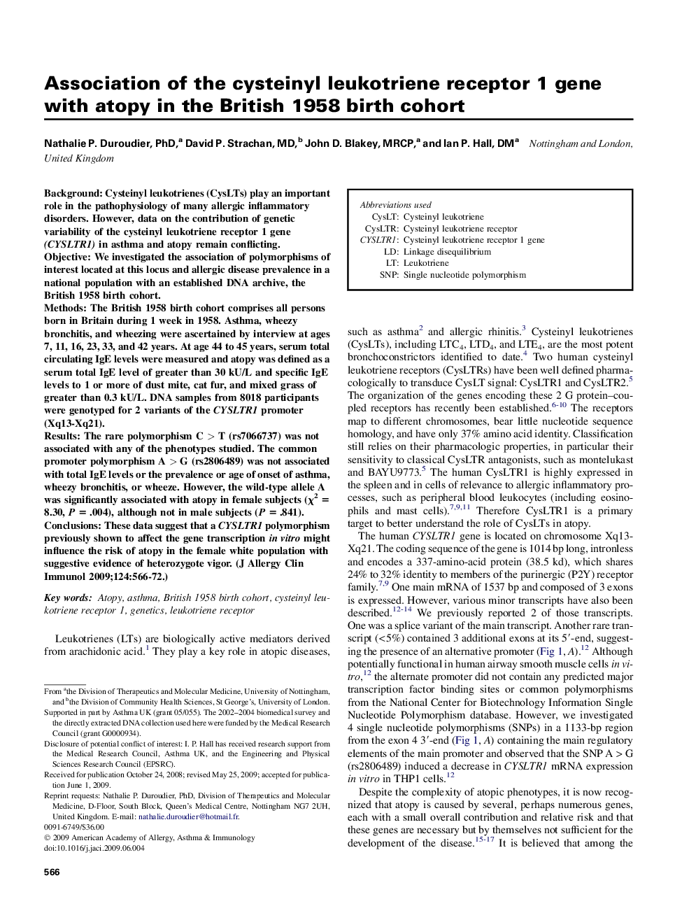 Association of the cysteinyl leukotriene receptor 1 gene with atopy in the British 1958 birth cohort