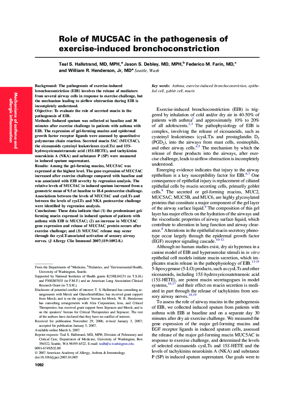 Role of MUC5AC in the pathogenesis of exercise-induced bronchoconstriction