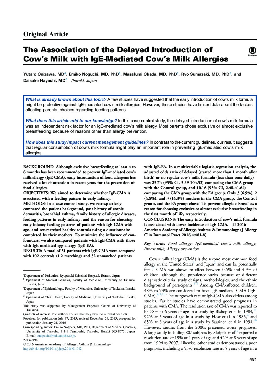The Association of the Delayed Introduction of Cow's Milk with IgE-Mediated Cow's Milk Allergies