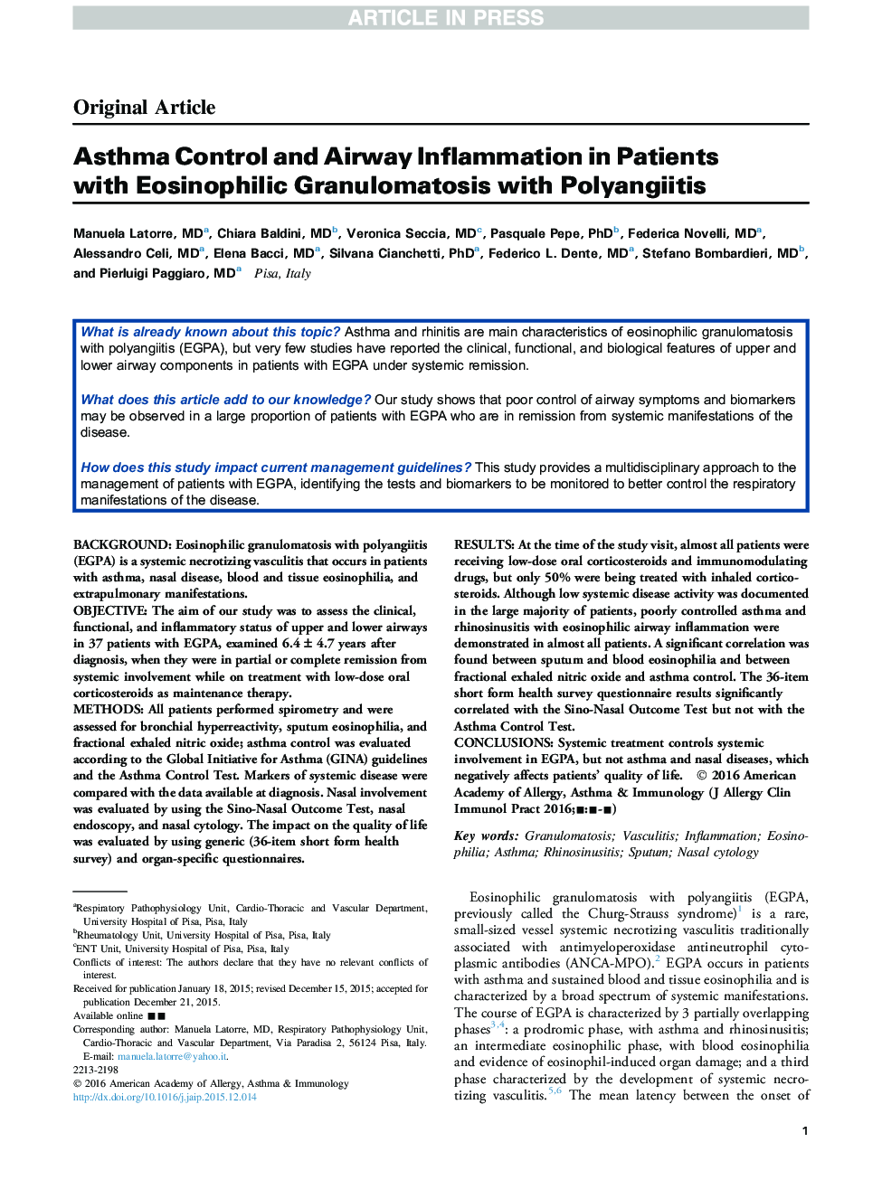 Asthma Control and Airway Inflammation in Patients with Eosinophilic Granulomatosis with Polyangiitis