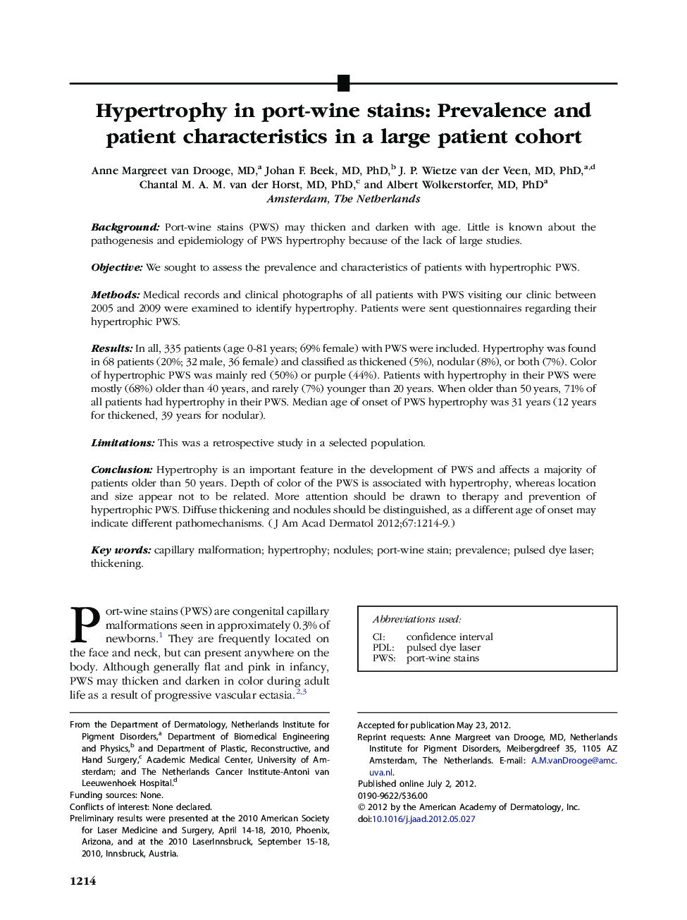 Hypertrophy in port-wine stains: Prevalence and patient characteristics in a large patient cohort 