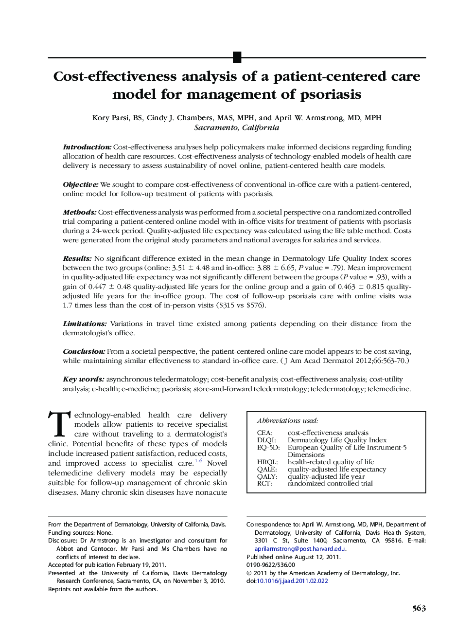 Cost-effectiveness analysis of a patient-centered care model for management of psoriasis 