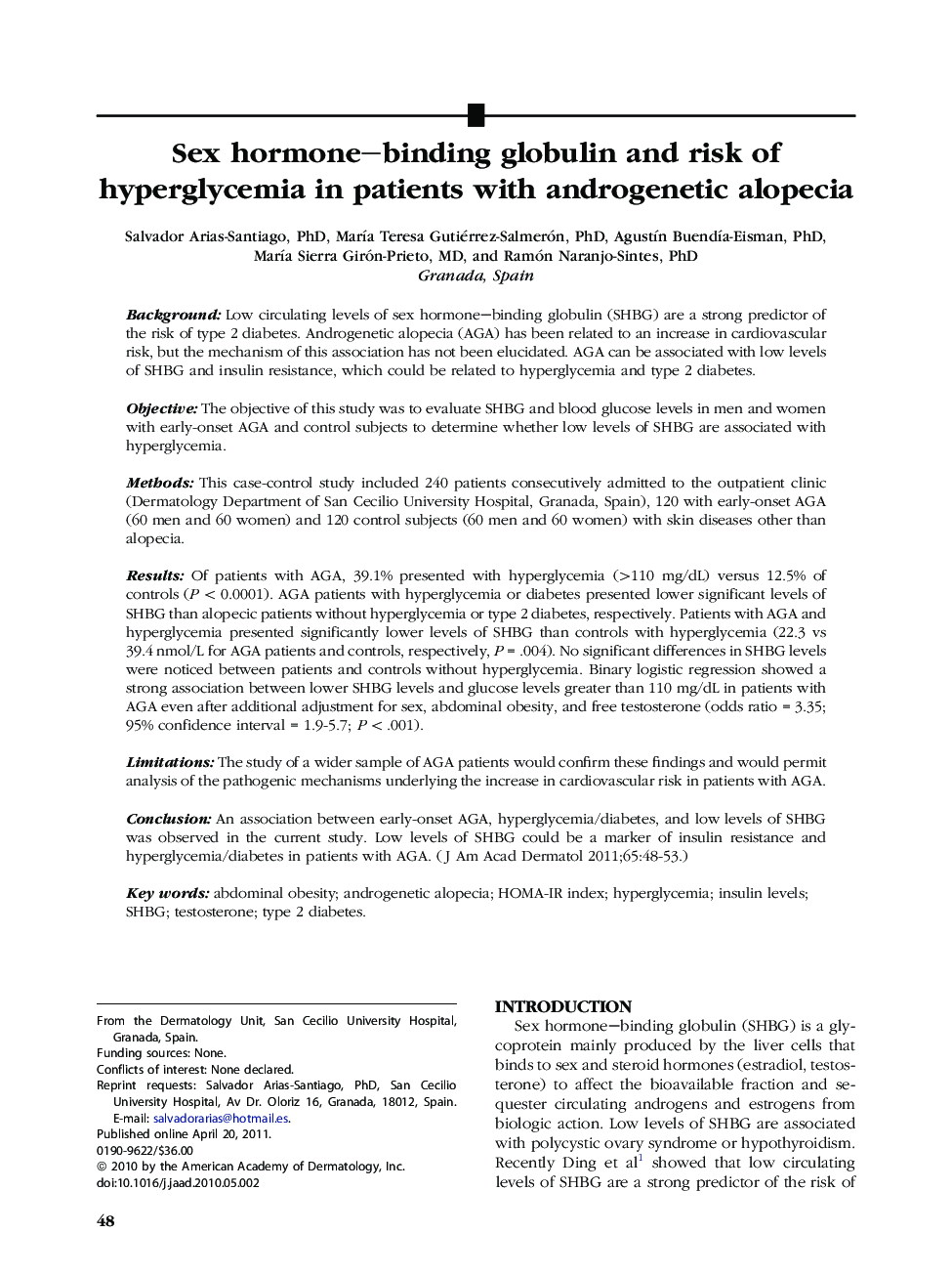 Sex hormone–binding globulin and risk of hyperglycemia in patients with androgenetic alopecia 