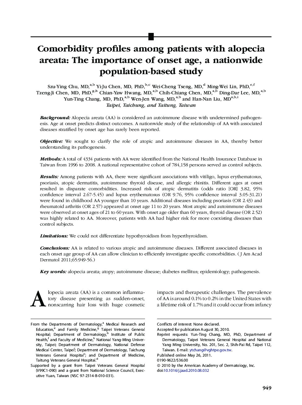 Comorbidity profiles among patients with alopecia areata: The importance of onset age, a nationwide population-based study 
