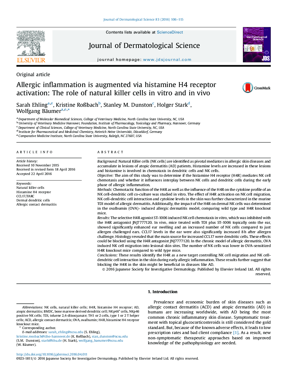 Allergic inflammation is augmented via histamine H4 receptor activation: The role of natural killer cells in vitro and in vivo