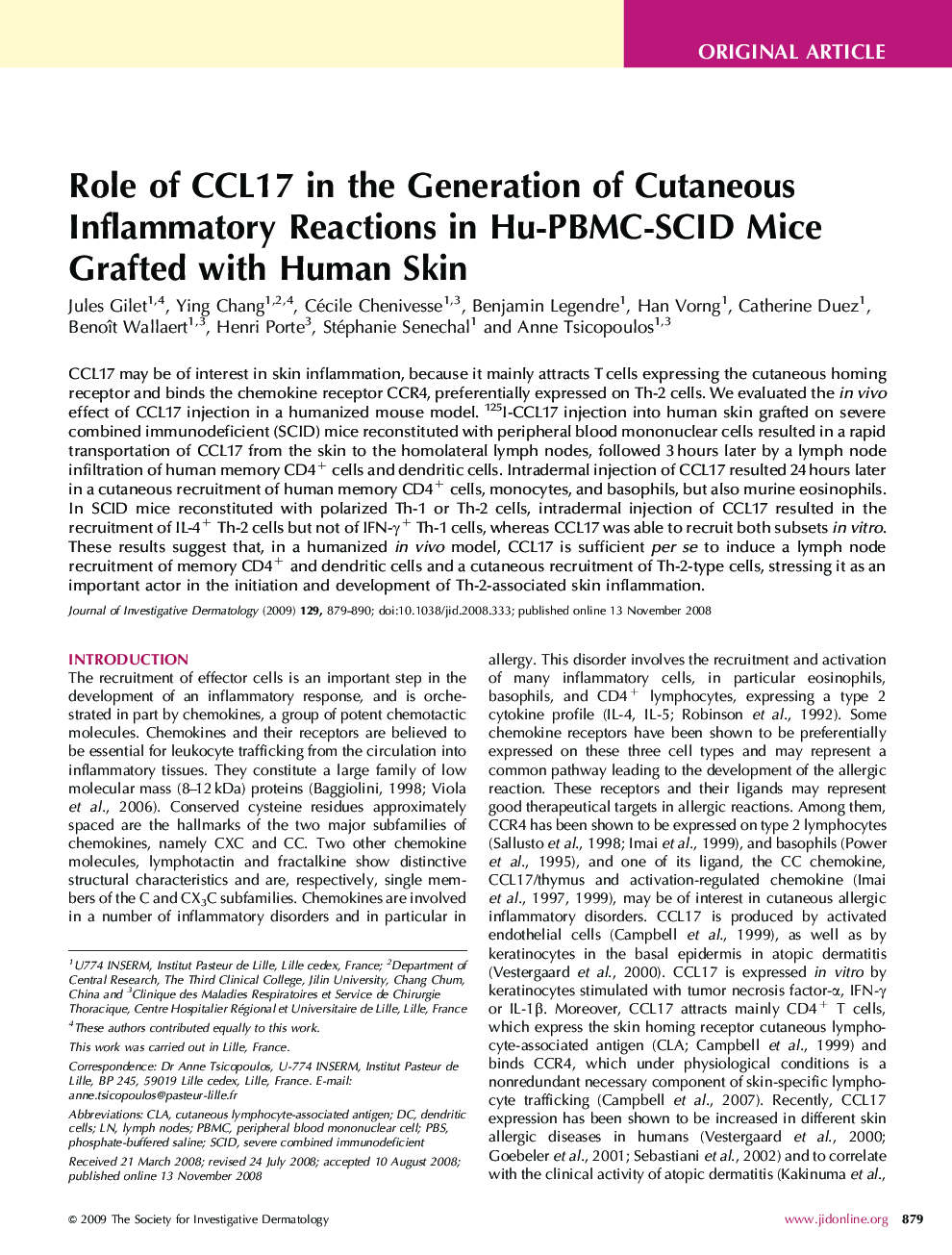 Role of CCL17 in the Generation of Cutaneous Inflammatory Reactions in Hu-PBMC-SCID Mice Grafted with Human Skin 