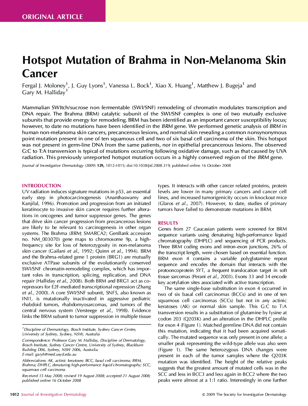 Hotspot Mutation of Brahma in Non-Melanoma Skin Cancer 