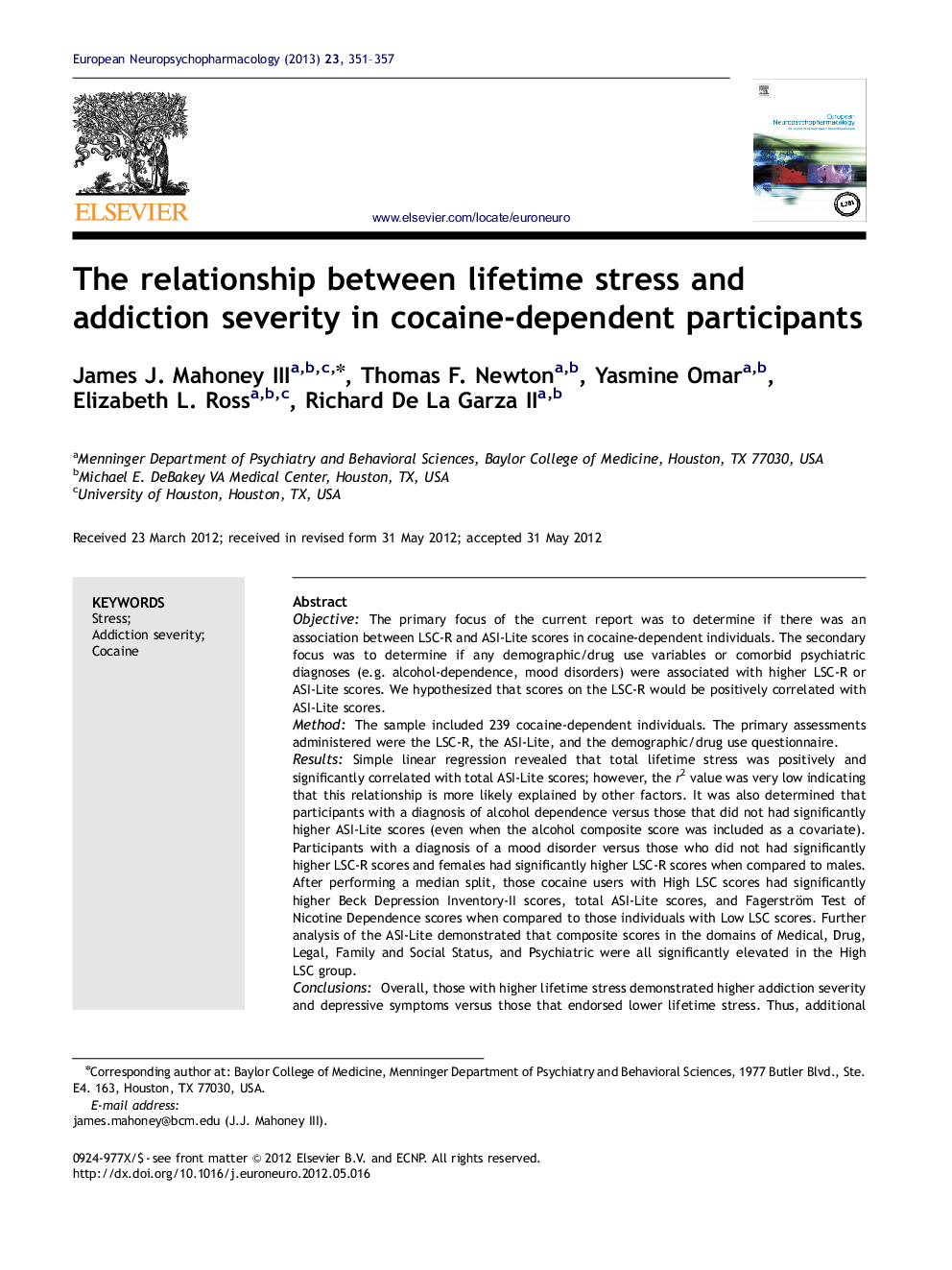 The relationship between lifetime stress and addiction severity in cocaine-dependent participants