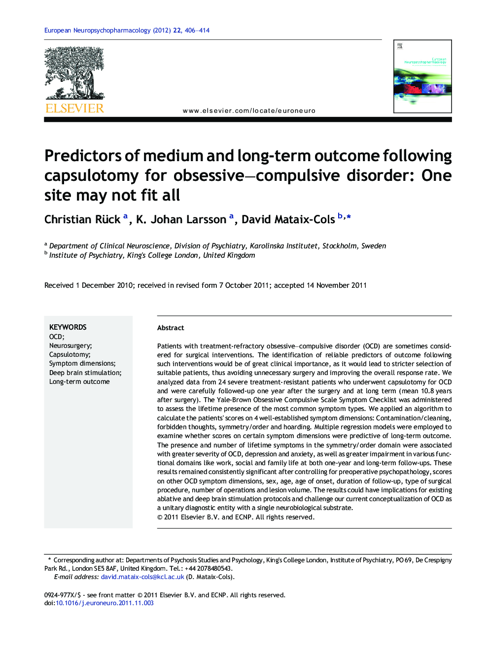 Predictors of medium and long-term outcome following capsulotomy for obsessive–compulsive disorder: One site may not fit all