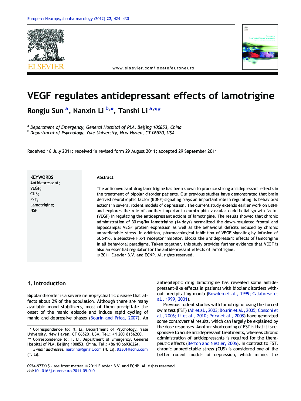 VEGF regulates antidepressant effects of lamotrigine