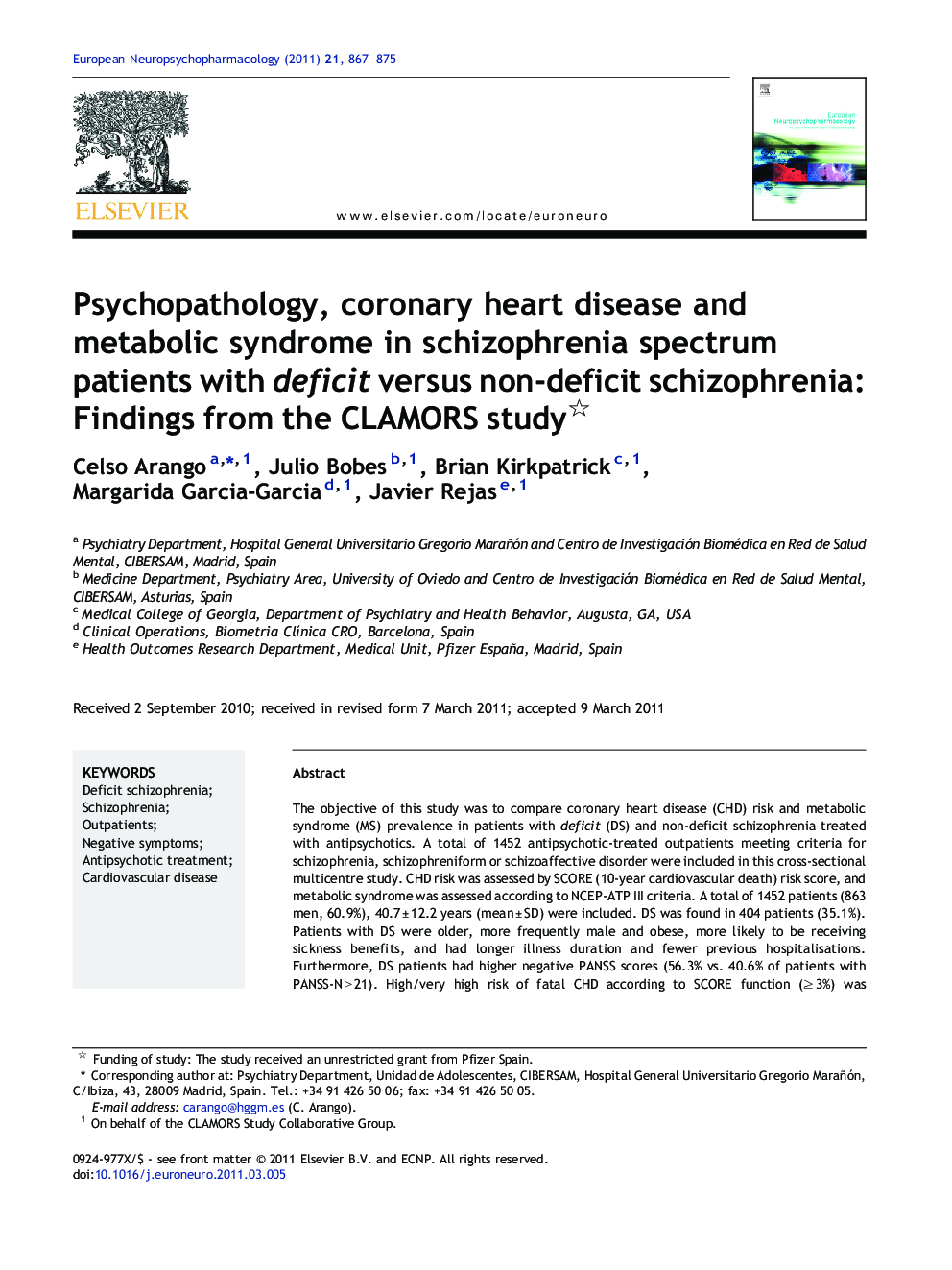 Psychopathology, coronary heart disease and metabolic syndrome in schizophrenia spectrum patients with deficit versus non-deficit schizophrenia: Findings from the CLAMORS study 