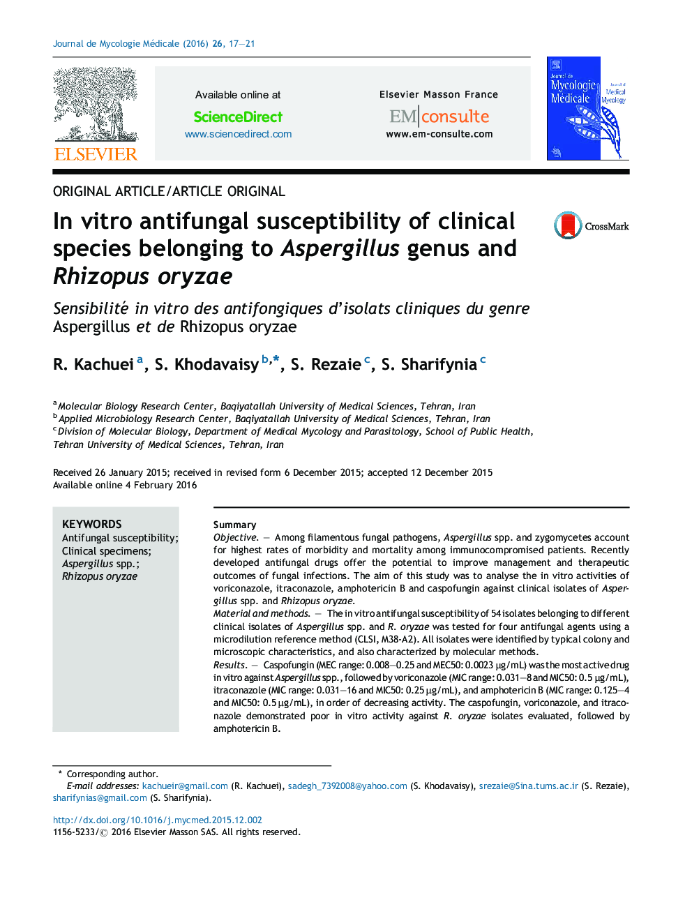 In vitro antifungal susceptibility of clinical species belonging to Aspergillus genus and Rhizopus oryzae