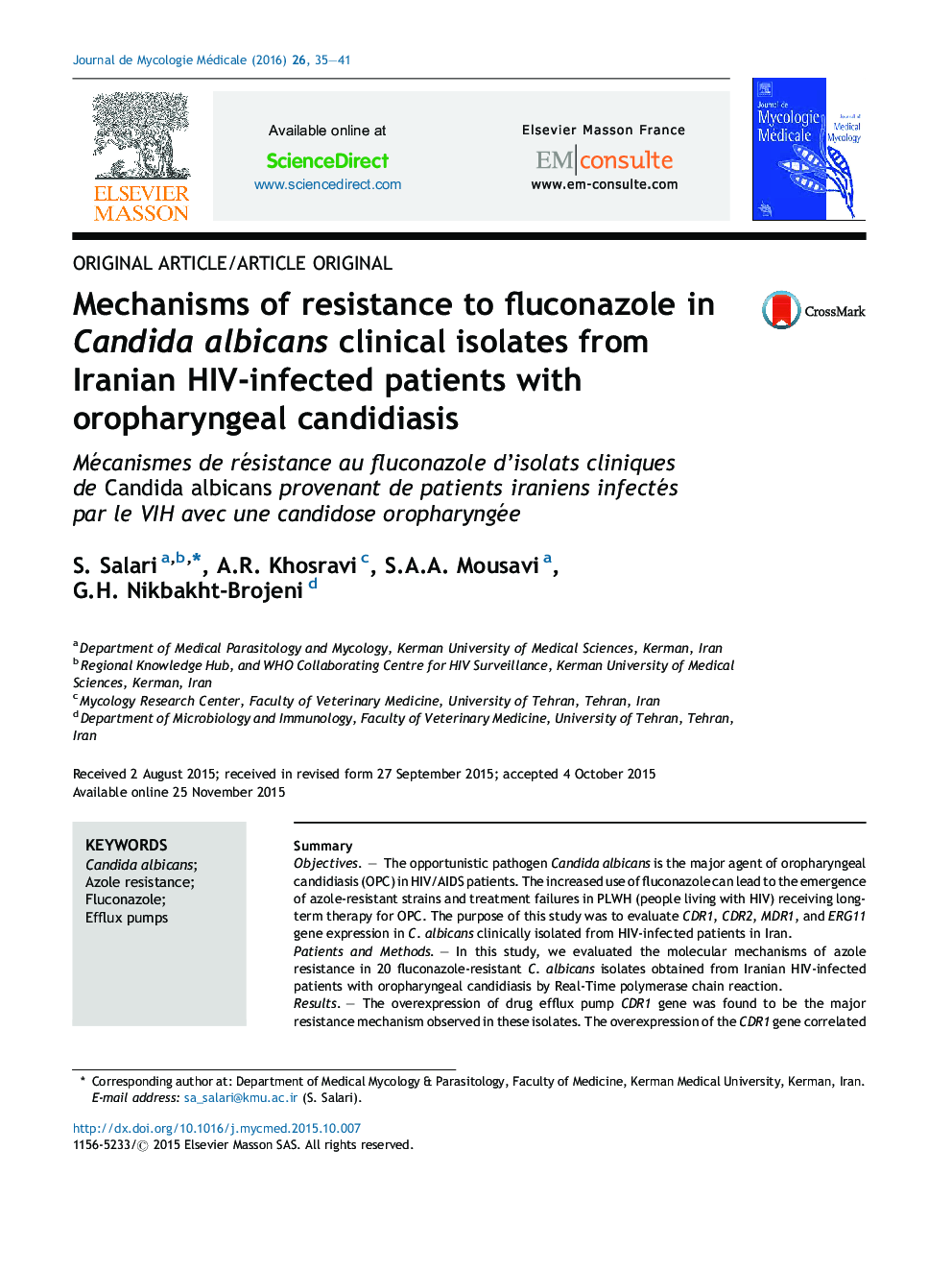 Mechanisms of resistance to fluconazole in Candida albicans clinical isolates from Iranian HIV-infected patients with oropharyngeal candidiasis