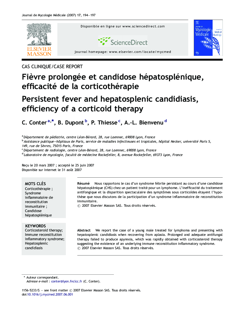 Fièvre prolongée et candidose hépatosplénique, efficacité de la corticothérapie