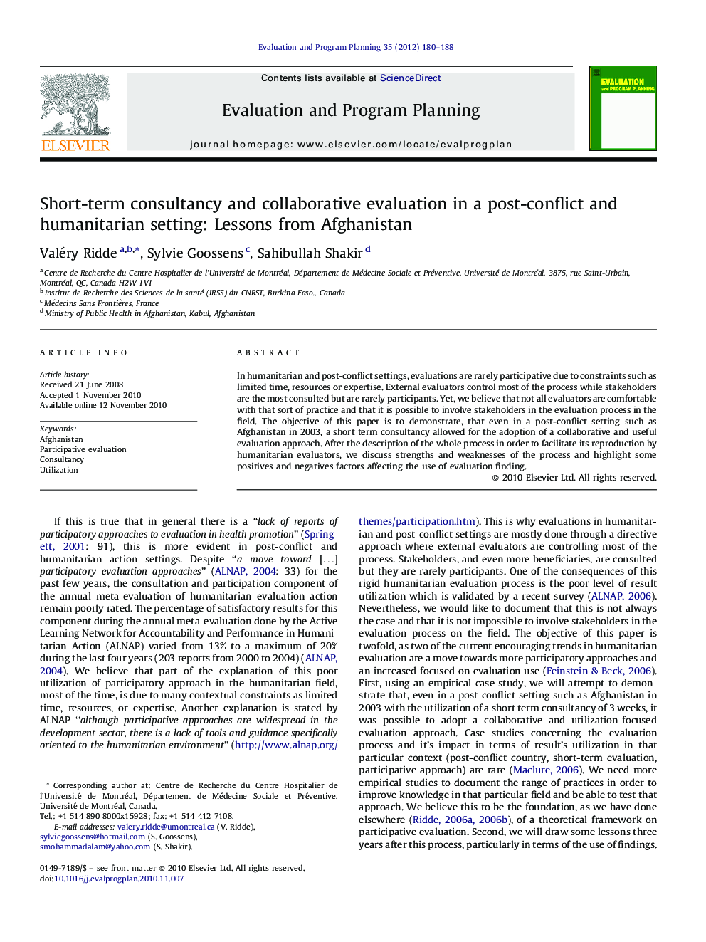 Short-term consultancy and collaborative evaluation in a post-conflict and humanitarian setting: Lessons from Afghanistan