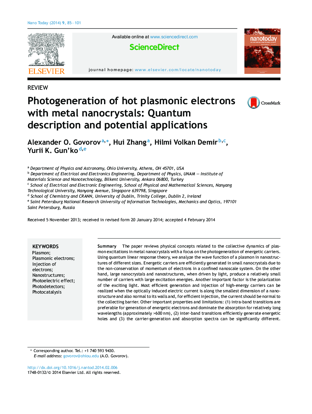 عکسبرداری از الکترونهای پلاسمونی داغ با نانوکریستالهای فلزی: شرح کوانتومی و کاربردهای بالقوه 