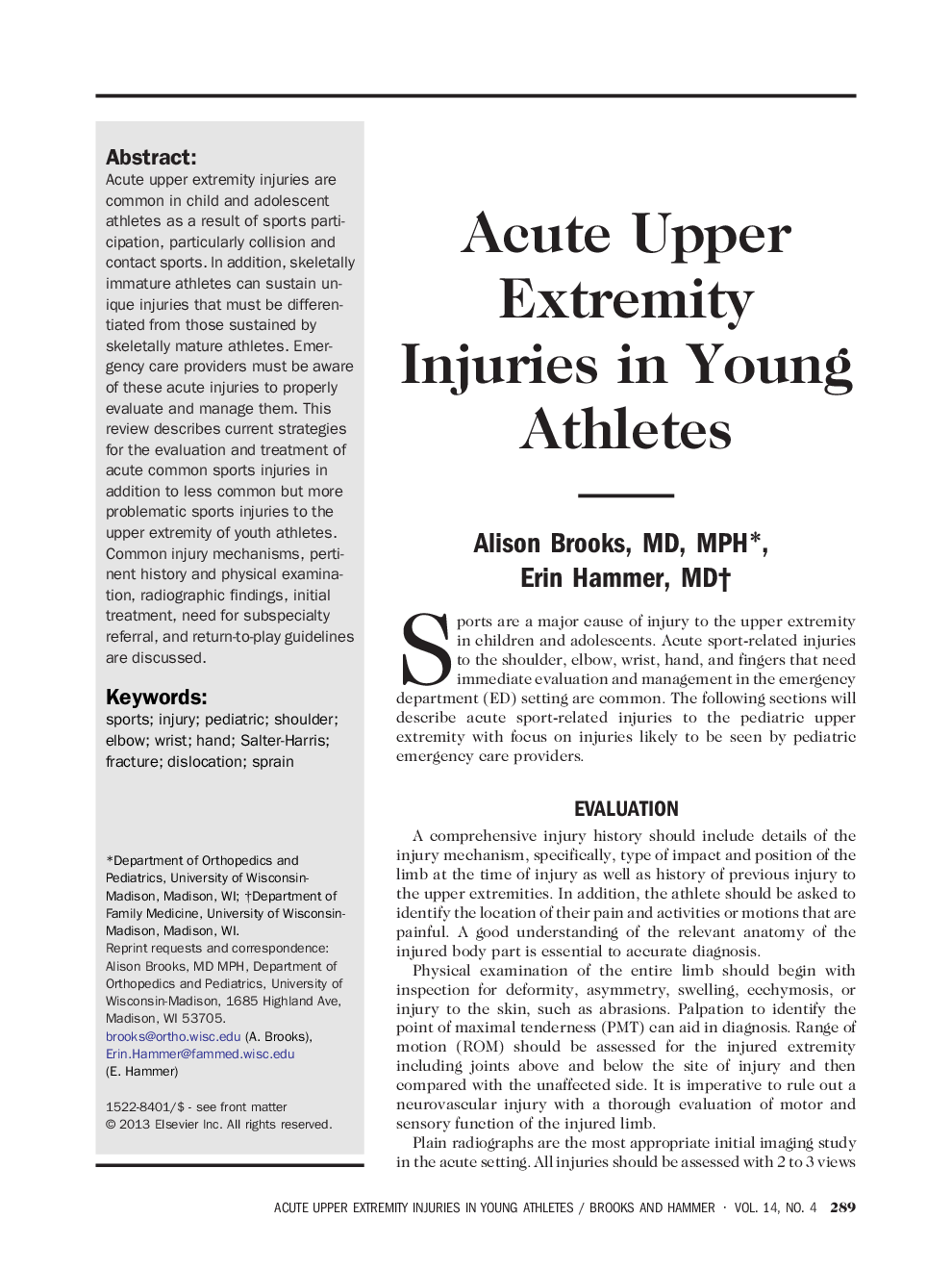 Acute Upper Extremity Injuries in Young Athletes