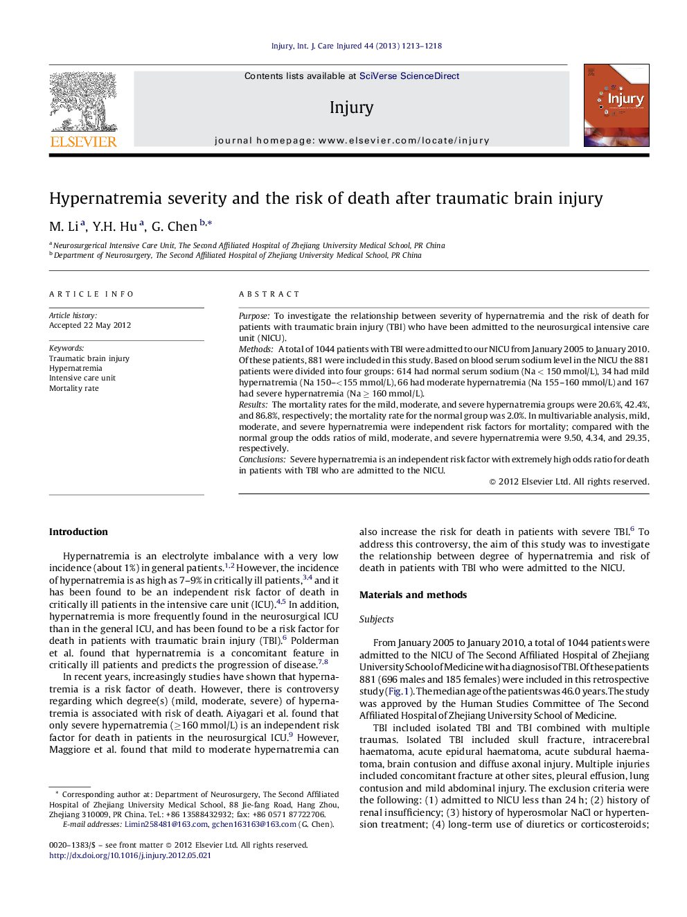 Hypernatremia severity and the risk of death after traumatic brain injury