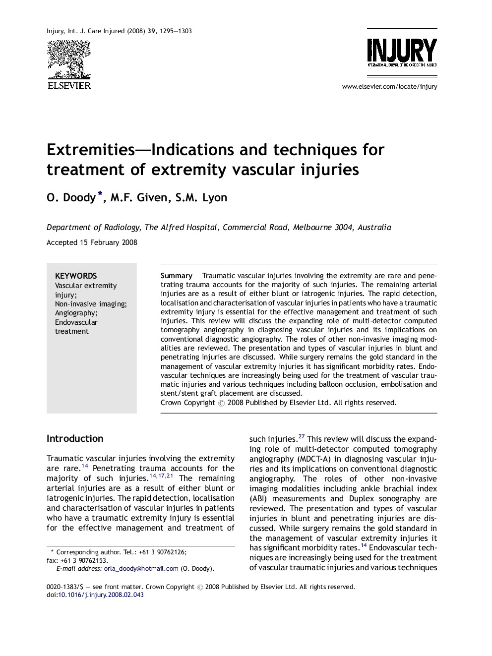 Extremities—Indications and techniques for treatment of extremity vascular injuries