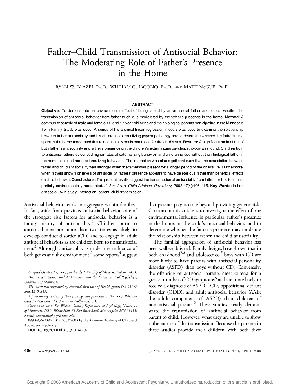 Father-Child Transmission of Antisocial Behavior: The Moderating Role of Father's Presence in the Home 