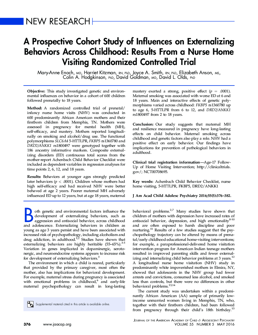 یک مطالعه همگروهی آینده نگر از تأثیرات بر رفتارهای برونی سازی در سراسر دوران کودکی: نمایش نتایج از دوره آزمایشی تصادفی تحت کنترل ویزیت خانگی پرستار 
