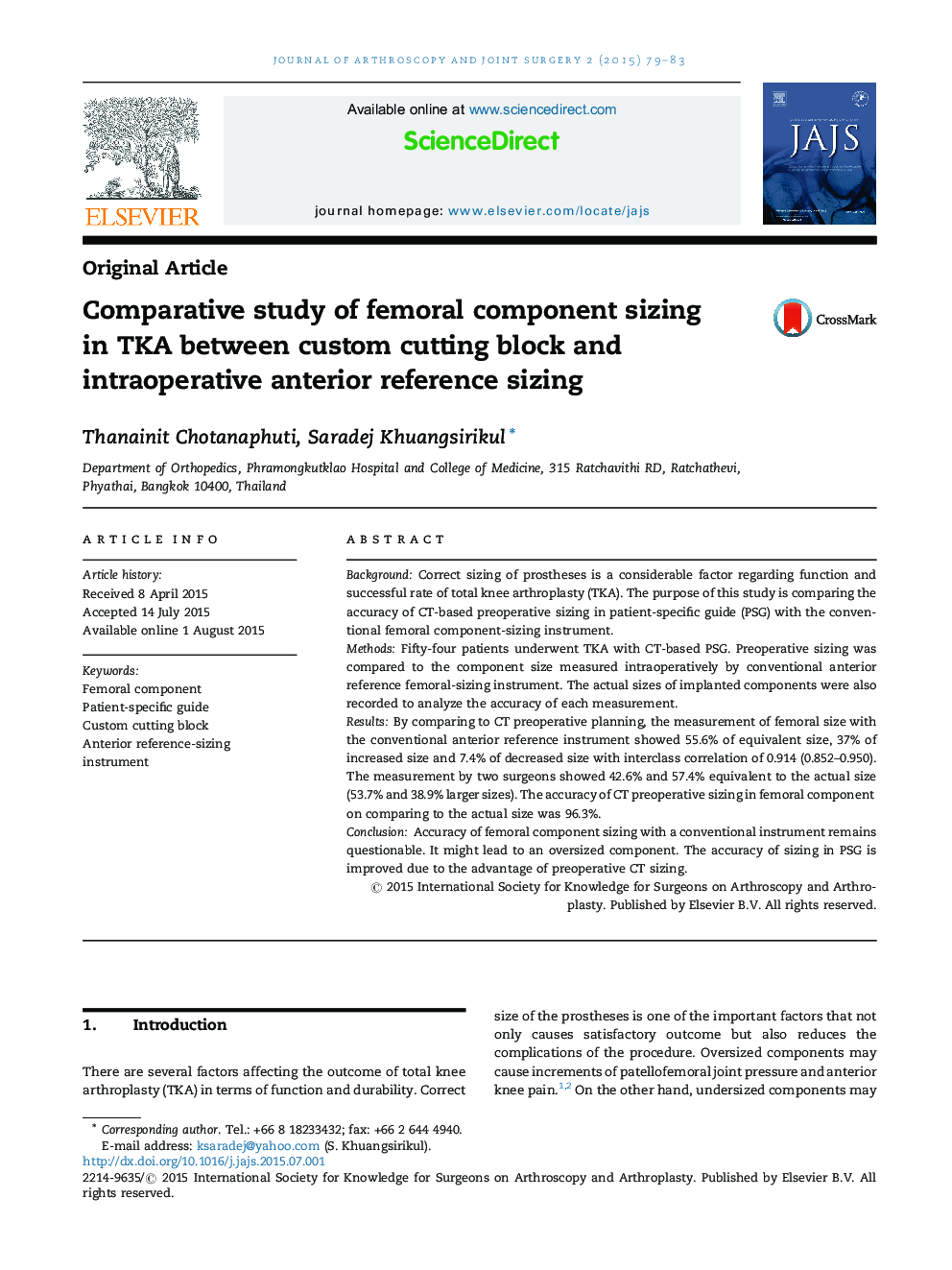 Comparative study of femoral component sizing in TKA between custom cutting block and intraoperative anterior reference sizing