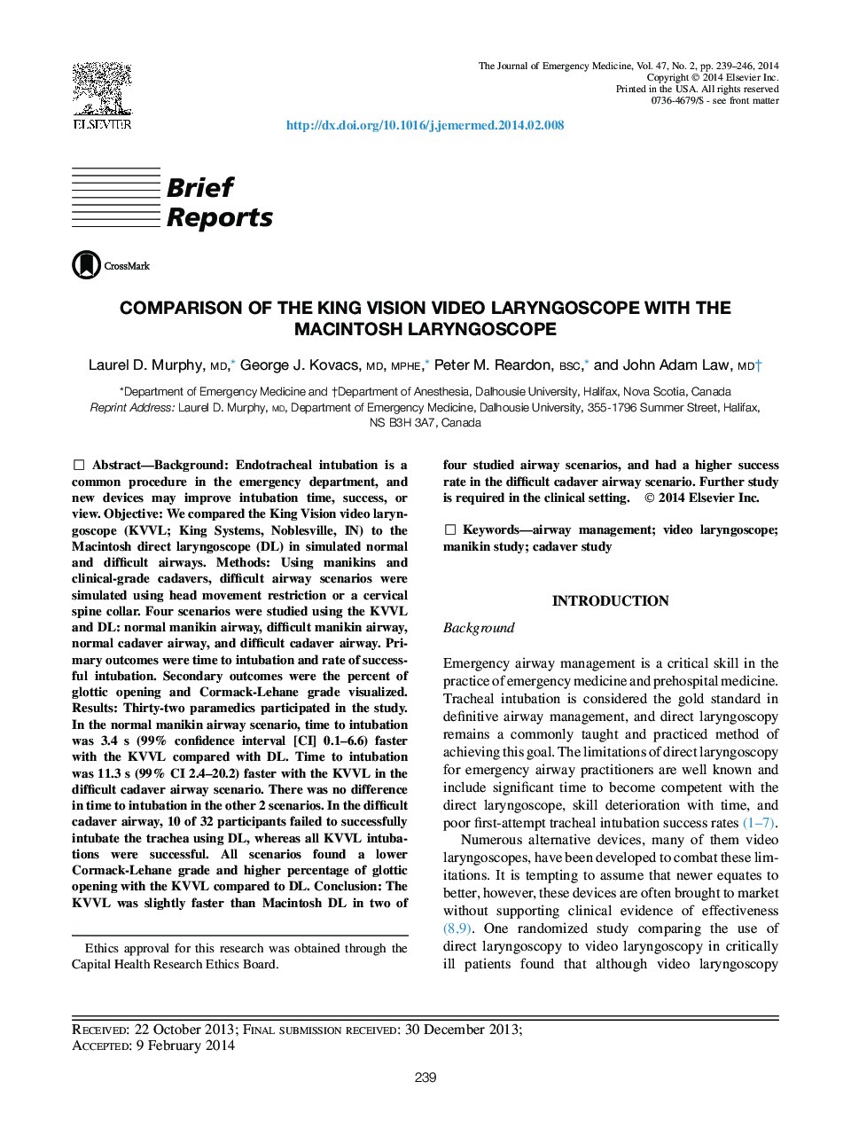 Comparison of the King Vision Video Laryngoscope with the Macintosh Laryngoscope 