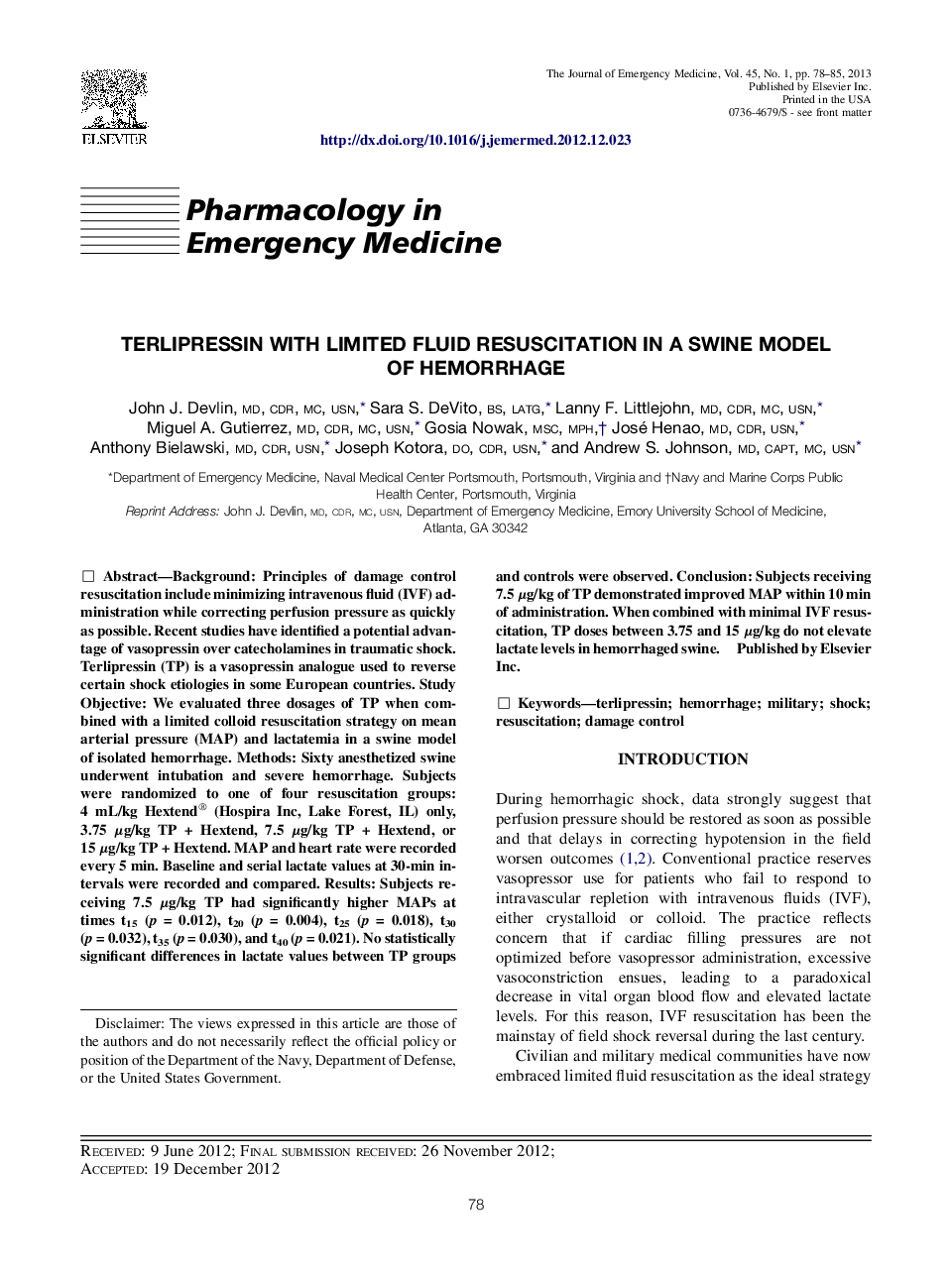 Terlipressin with Limited Fluid Resuscitation in a Swine Model of Hemorrhage 