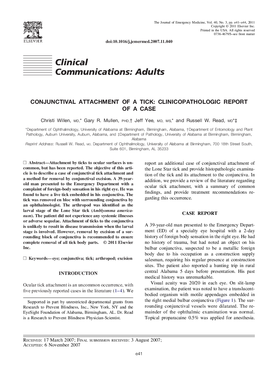 Conjunctival Attachment of a Tick: Clinicopathologic Report of a Case 