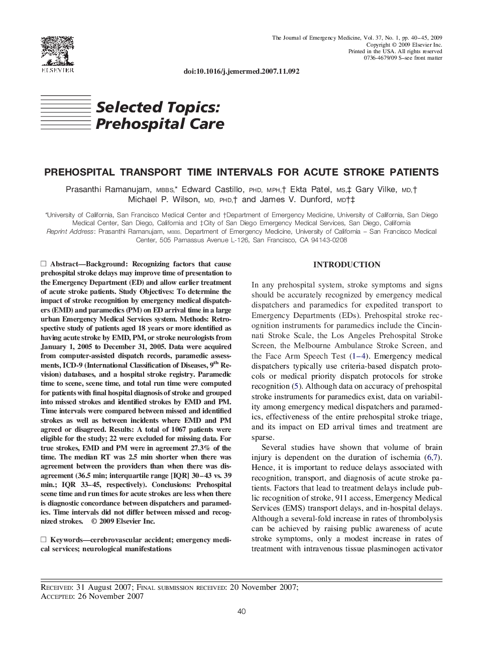 Prehospital Transport Time Intervals for Acute Stroke Patients