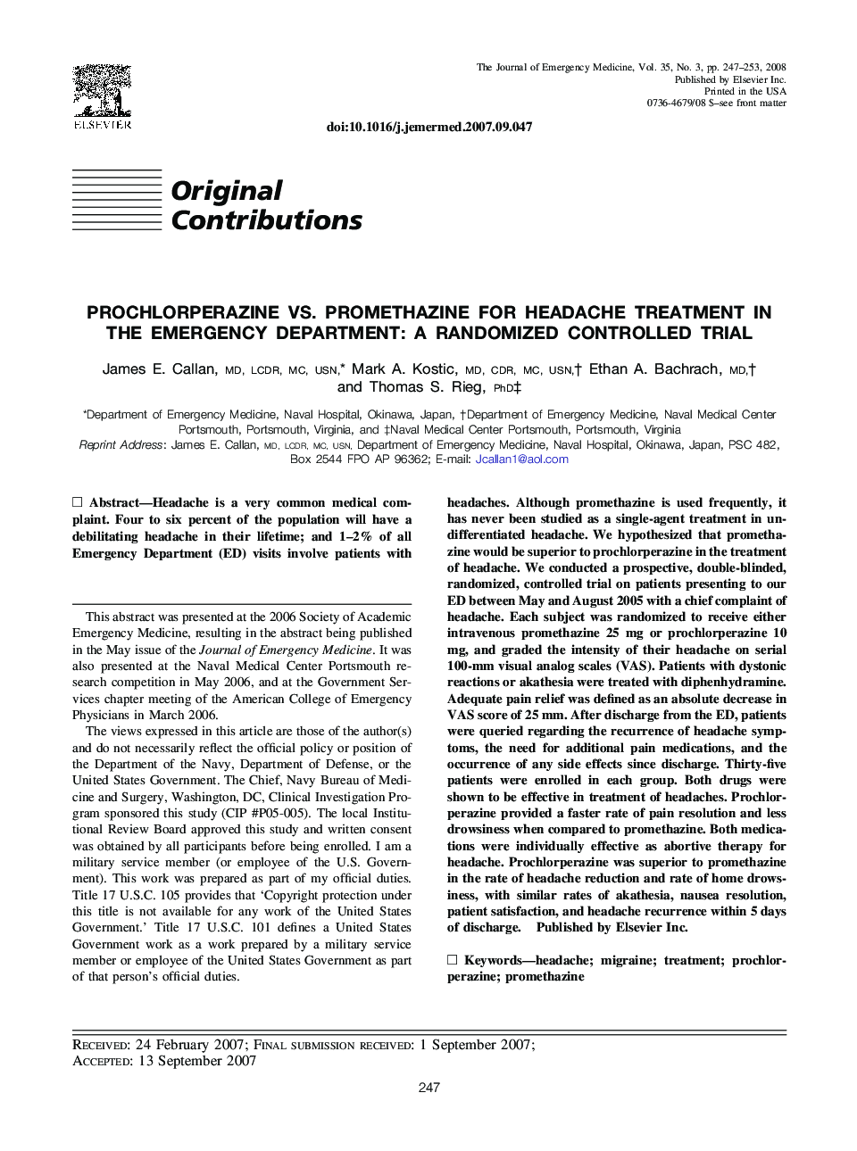 Prochlorperazine vs. Promethazine for Headache Treatment in the Emergency Department: A Randomized Controlled Trial 