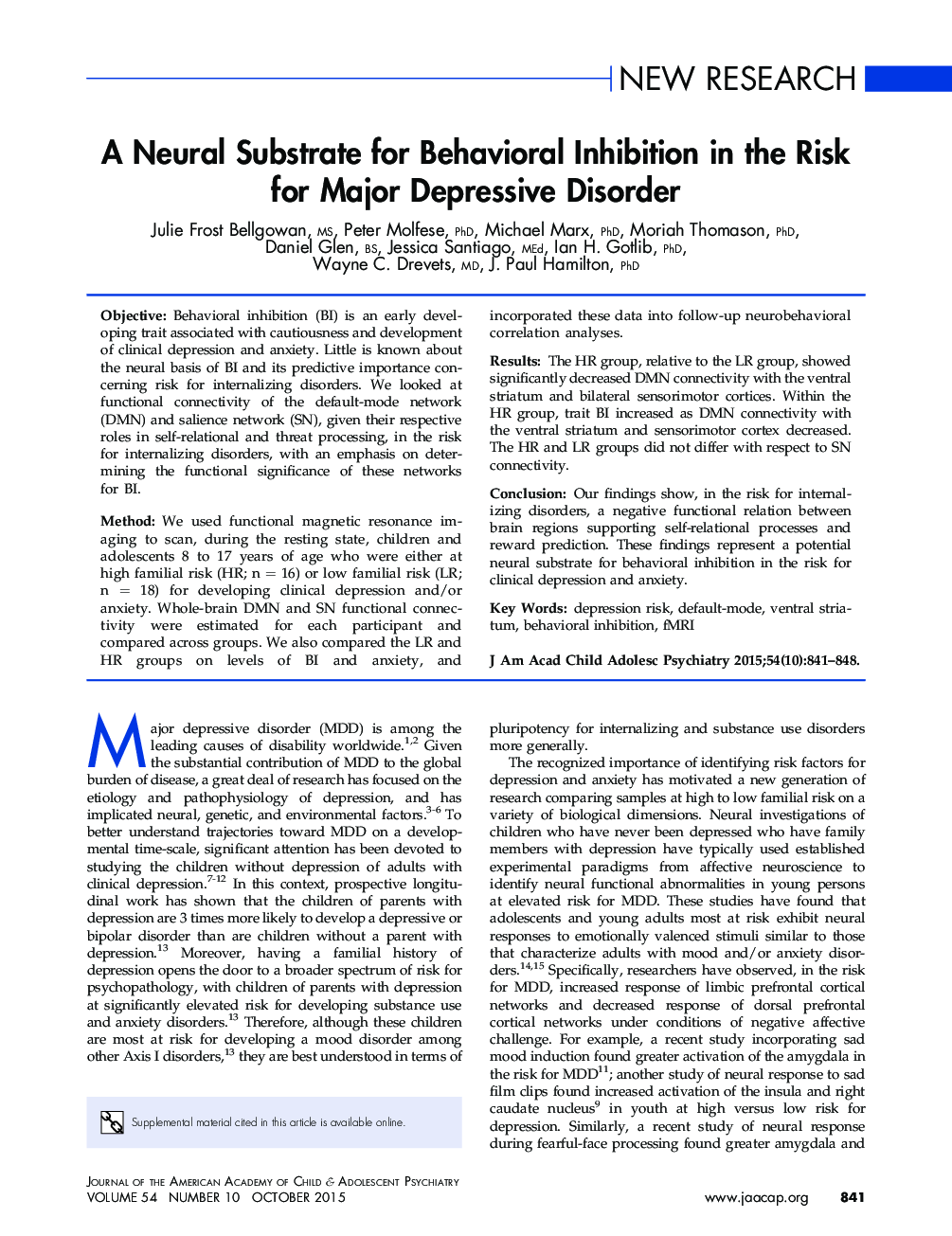 یک زیرلایه عصبی برای مهار رفتاری در معرض خطر برای اختلال افسردگی عمده
