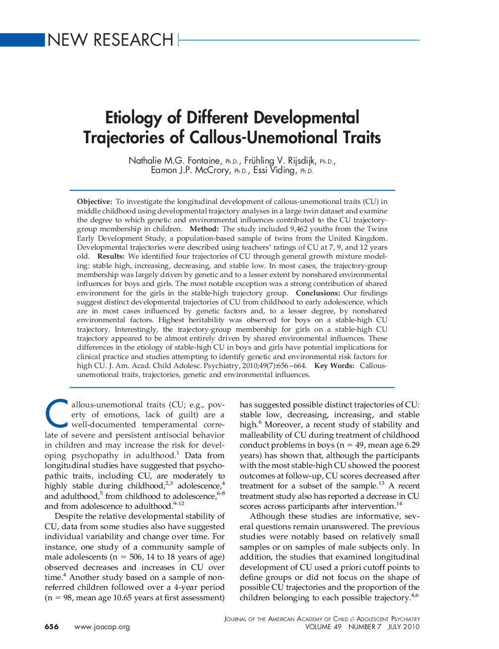 Etiology of Different Developmental Trajectories of Callous-Unemotional Traits 