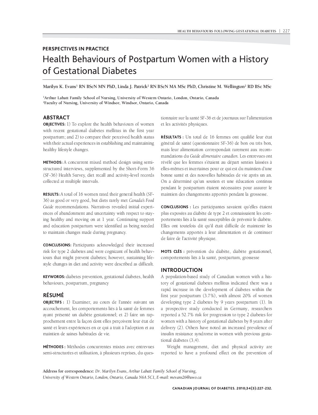 Health Behaviours of Postpartum Women with a History of Gestational Diabetes