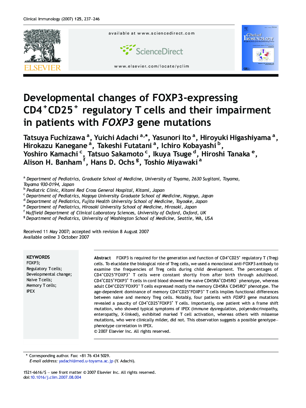 Developmental changes of FOXP3-expressing CD4+CD25+ regulatory T cells and their impairment in patients with FOXP3 gene mutations