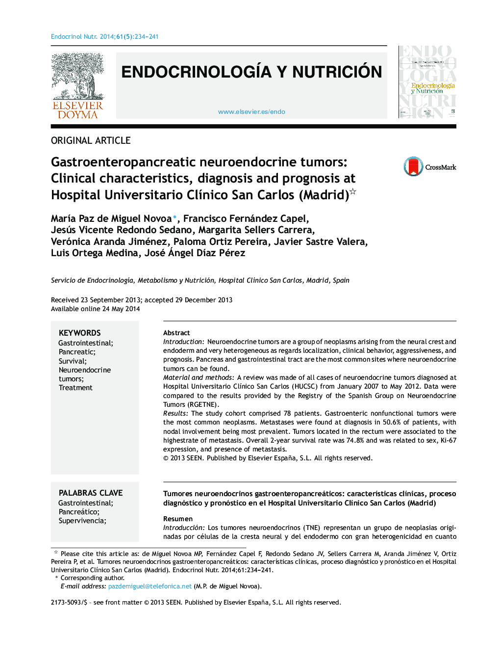 Gastroenteropancreatic neuroendocrine tumors: Clinical characteristics, diagnosis and prognosis at Hospital Universitario Clínico San Carlos (Madrid) 