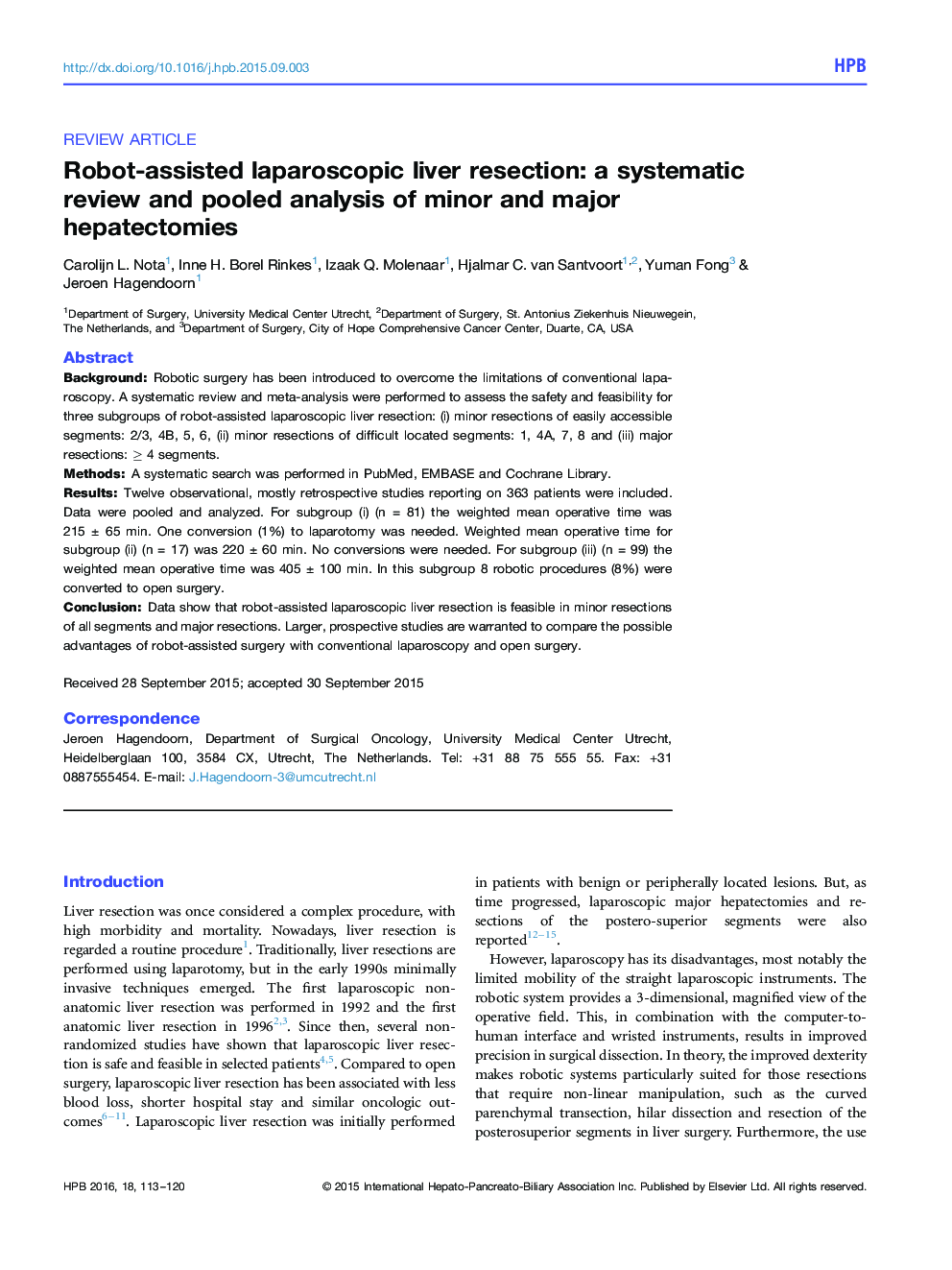 Robot-assisted laparoscopic liver resection: a systematic review and pooled analysis of minor and major hepatectomies