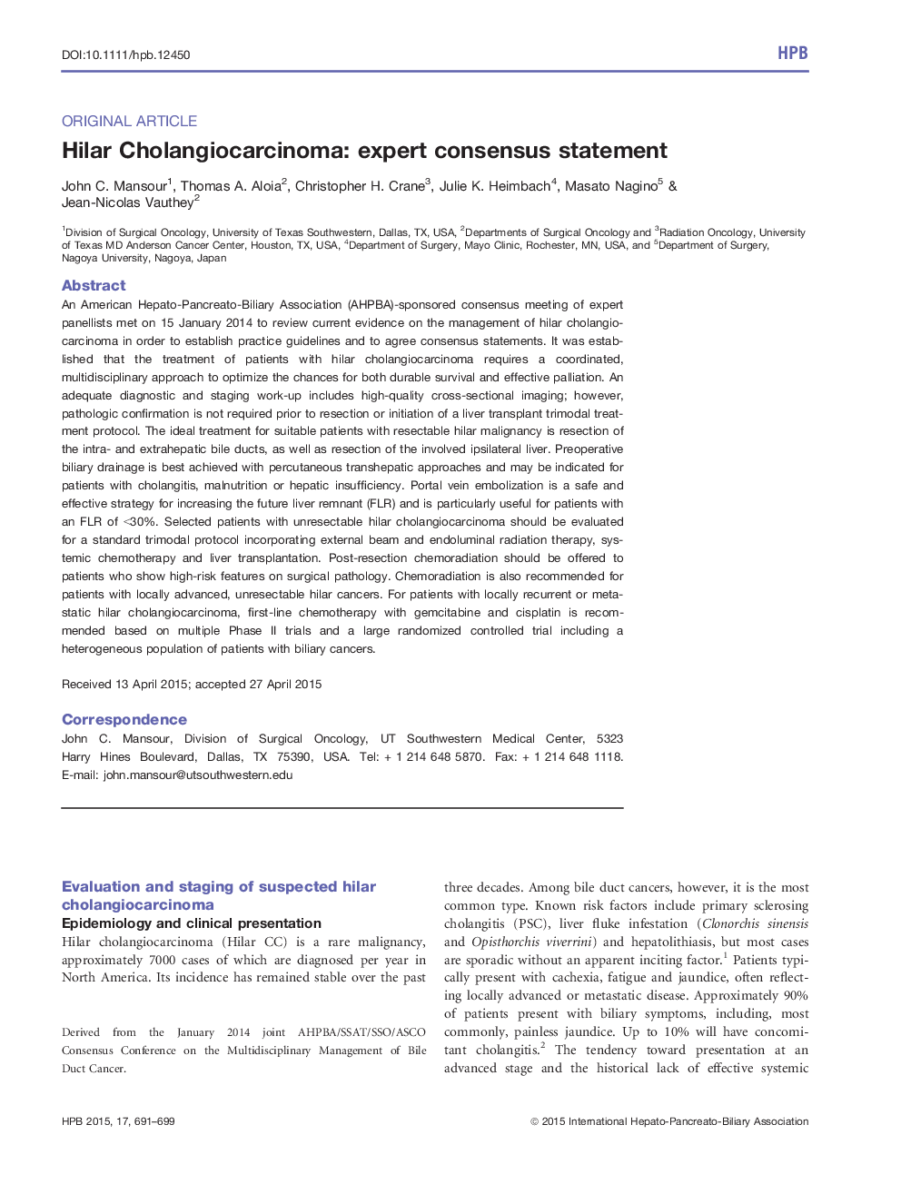 Hilar Cholangiocarcinoma: expert consensus statement 