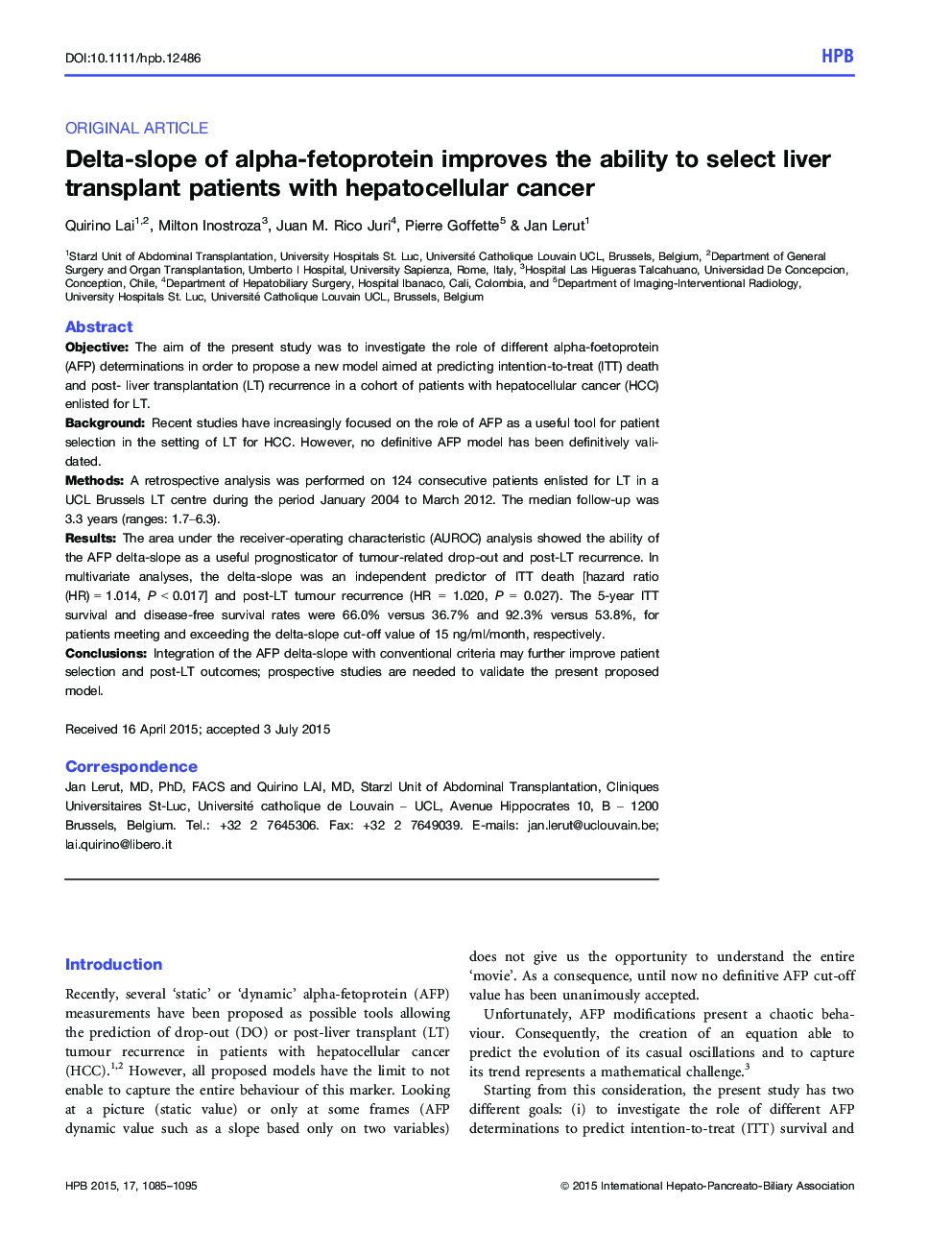 Deltaâslope of alphaâfetoprotein improves the ability to select liver transplant patients with hepatocellular cancer