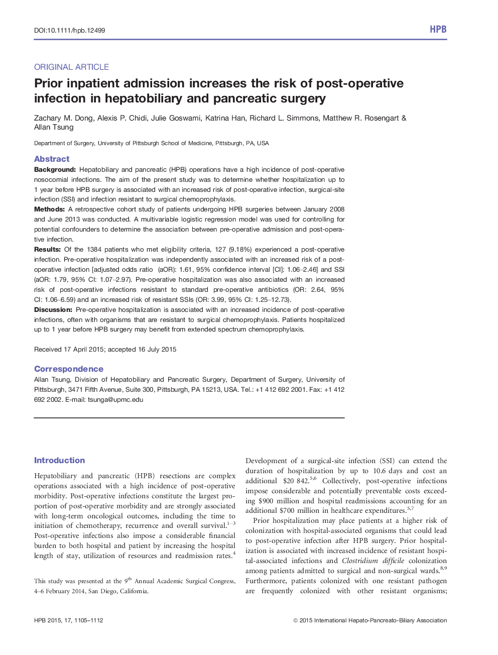Prior inpatient admission increases the risk of postâoperative infection in hepatobiliary and pancreatic surgery