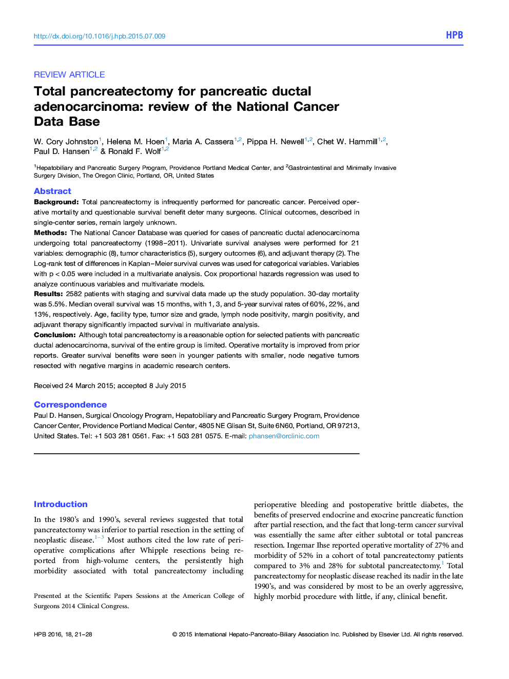 Total pancreatectomy for pancreatic ductal adenocarcinoma: review of the National Cancer DataÂ Base