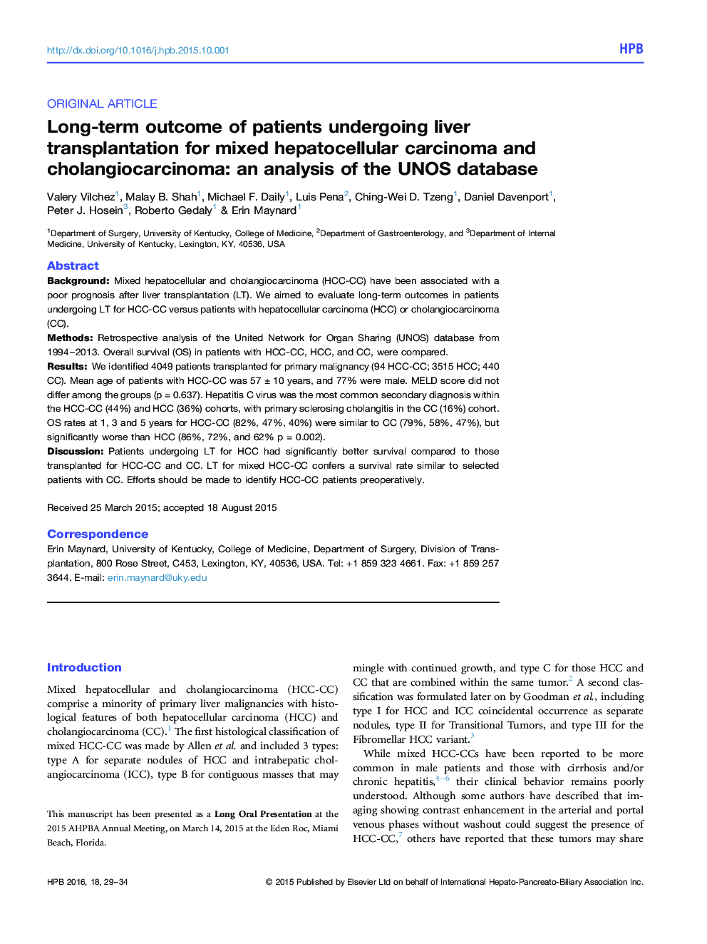 Long-term outcome of patients undergoing liver transplantation for mixed hepatocellular carcinoma and cholangiocarcinoma: an analysis of the UNOS database